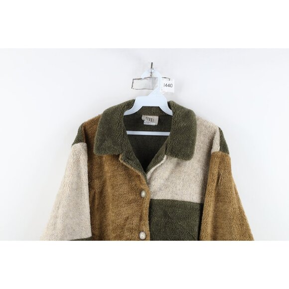 Vintage 90s Streetwear Womens XL Color Block Deep Pile Fleece Sweater Jacket - Picture 2 of 12